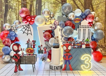Spider-Man Birthday Decor - 7 Cutouts: Spider Web, Buildings, Character Figures, and Pop Art Signs