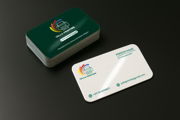 بطاقات أعمال مغلفة بطبقة لامعة وزوايا مستديرة – 400 جرام لكل متر مربع، مطبوعة على الوجهين، بجودة ممتازة | خدمات تصميم مجانية | Yalla Printing