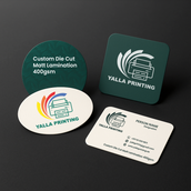 بطاقات أعمال مخصصة مقطوعة ومغلفة بطبقة غير لامعة - 400 جرام لكل متر مربع، جودة ممتازة، أشكال فريدة | خدمات تصميم مجانية | Yalla Printing