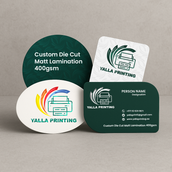بطاقات أعمال مخصصة مقطوعة بالقالب ومغلفة بطبقة غير لامعة ومقاومة للأشعة فوق البنفسجية – 400 جرام لكل متر مربع، لمسة نهائية ممتازة بأشكال فريدة | خدمات تصميم مجانية | Yalla Printing