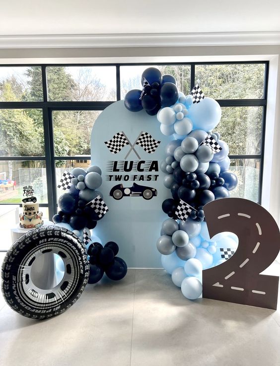 Racing-Themed Birthday Party Decor Set - 3 Cutouts: Arch Backdrop, Road Number, and Tire Prop