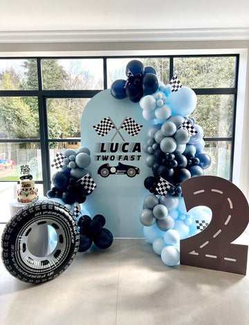 Racing-Themed Birthday Party Decor Set - 3 Cutouts: Arch Backdrop, Road Number, and Tire Prop
