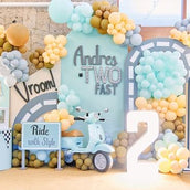 Vintage Scooter Birthday Decor - 5 Cutouts: Road Arch, Personalized Backdrop, Gas Pump, and Sign