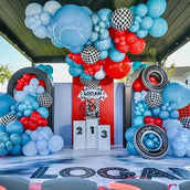 Race Day Birthday Decor - 8 Cutouts: Personalized Backdrop, Race Track Arches, Tires, and Number Pedestals