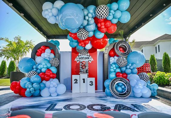 Race Day Birthday Decor - 8 Cutouts: Personalized Backdrop, Race Track Arches, Tires, and Number Pedestals