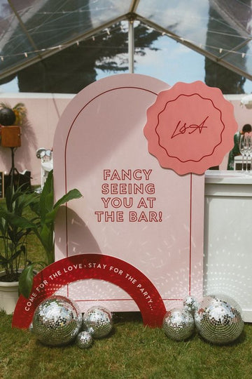 Trendy Bar Signage Set - “Fancy Seeing You at the Bar” Arched Panel with Personalized Monogram and Curved Message Display