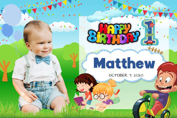 1st Birthday Banner with Cartoon Background - Kids Having Fun Theme