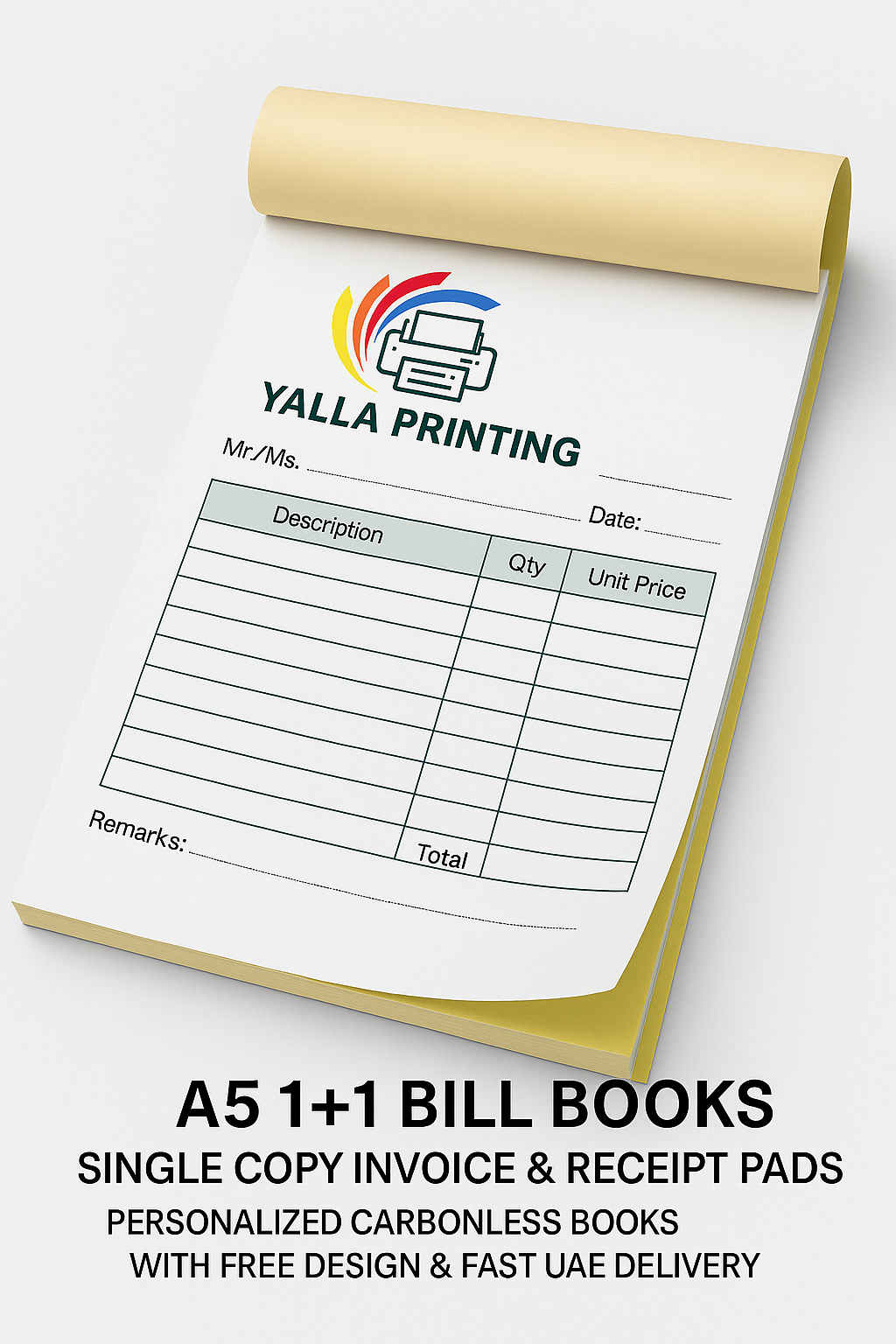 Custom A5 NCR Bill Books (1+1 Copy) – Single Copy Invoice & Receipt Pads | Personalized Carbonless Books with Free Design & Fast UAE Delivery – Yalla Printing