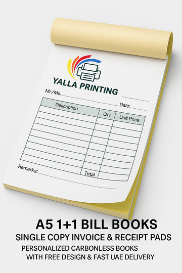Custom A5 NCR Bill Books (1+1 Copy) – Single Copy Invoice & Receipt Pads | Personalized Carbonless Books with Free Design & Fast UAE Delivery – Yalla Printing