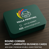 بطاقات أعمال مغلفة بطبقة غير لامعة بزوايا مستديرة – 400 جرام لكل متر مربع، جودة ممتازة، مطبوعة على الوجهين | خدمات تصميم مجانية | Yalla Printing