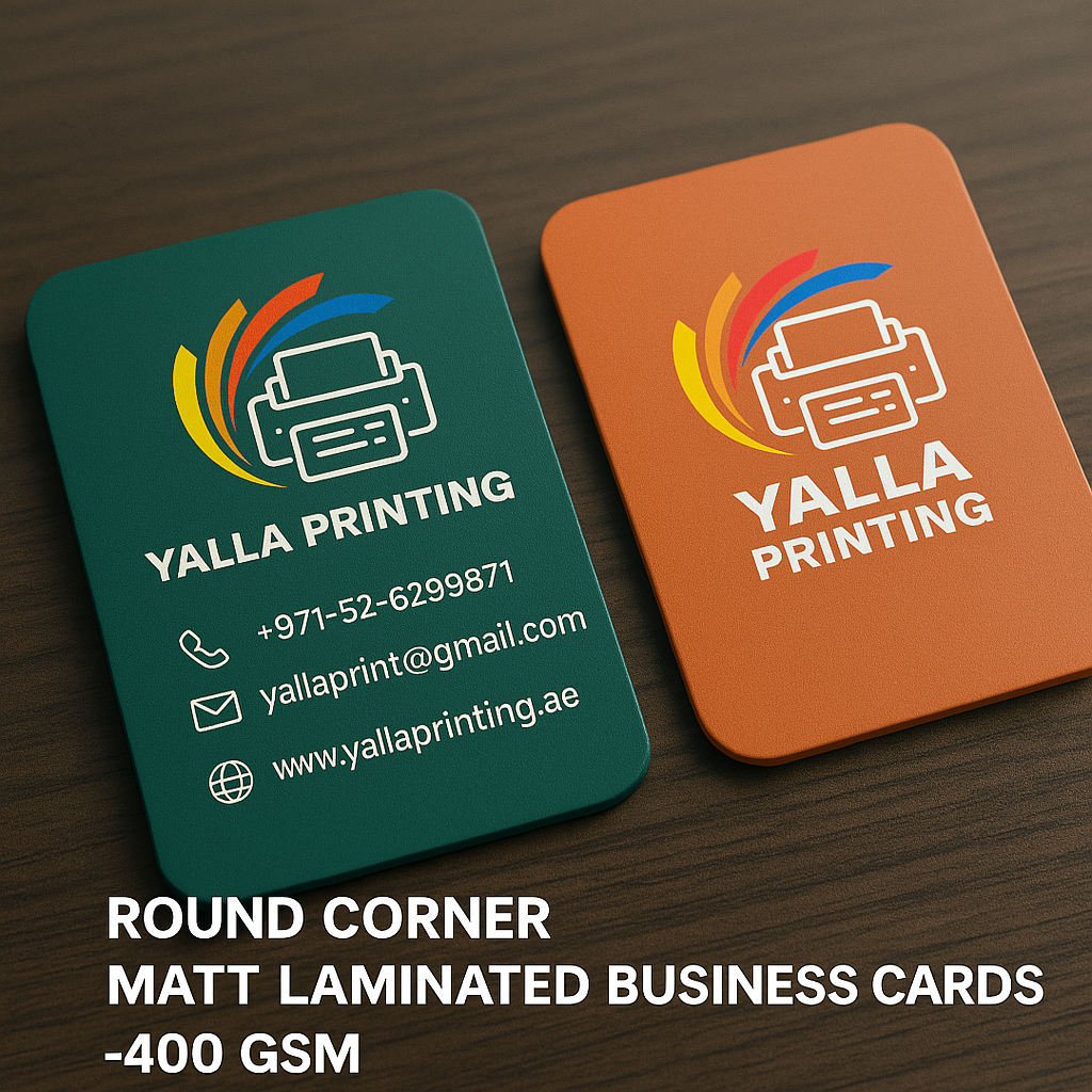 بطاقات أعمال مغلفة بطبقة غير لامعة بزوايا مستديرة – 400 جرام لكل متر مربع، جودة ممتازة، مطبوعة على الوجهين | خدمات تصميم مجانية | Yalla Printing