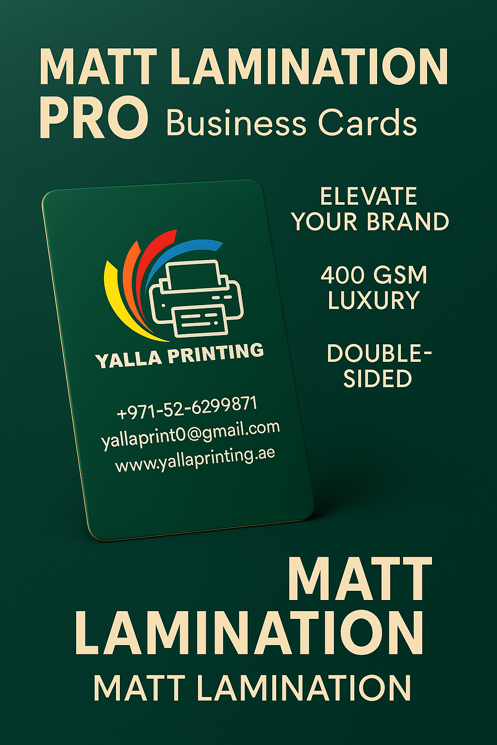 بطاقات عمل مغلفة بطبقة غير لامعة – ارتقِ بعلامتك التجارية مع 400 جرام لكل متر مربع من الفخامة | طباعة على الوجهين | خدمات تصميم مجانية | Yalla Printing