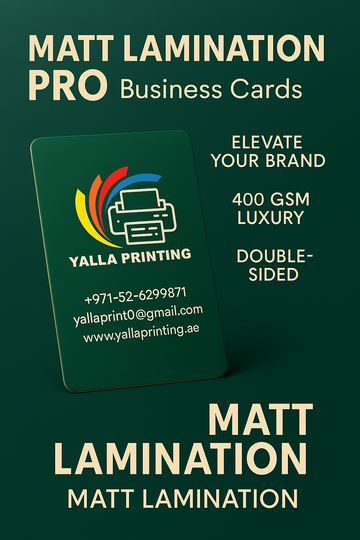 بطاقات عمل مغلفة بطبقة غير لامعة – ارتقِ بعلامتك التجارية مع 400 جرام لكل متر مربع من الفخامة | طباعة على الوجهين | خدمات تصميم مجانية | Yalla Printing