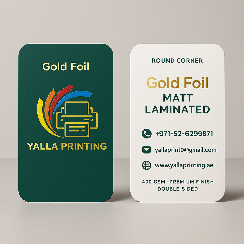 بطاقات أعمال مطفية برقائق ذهبية بزوايا مستديرة – 400 جرام لكل متر مربع، لمسة نهائية ممتازة، مطبوعة على الوجهين | خدمات تصميم مجانية | Yalla Printing