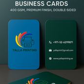 بطاقات أعمال مطفية بطبقة UV ذات زوايا مستديرة – 400 جرام لكل متر مربع، لمسة نهائية ممتازة، مطبوعة على الوجهين | خدمات تصميم مجانية | Yalla Printing