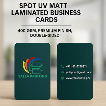 بطاقات أعمال مطفية بطبقة UV ذات زوايا مستديرة – 400 جرام لكل متر مربع، لمسة نهائية ممتازة، مطبوعة على الوجهين | خدمات تصميم مجانية | Yalla Printing