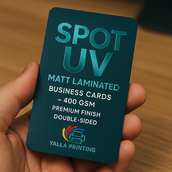 بطاقات أعمال مطفية بطبقة UV ذات زوايا مستديرة – 400 جرام لكل متر مربع، لمسة نهائية ممتازة، مطبوعة على الوجهين | خدمات تصميم مجانية | Yalla Printing