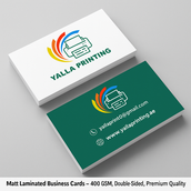 بطاقات عمل مغلفة غير لامعة – 400 جرام لكل متر مربع، مطبوعة على الوجهين، بجودة ممتازة | خدمات تصميم مجانية | Yalla Printing