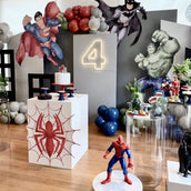 Superhero Adventure Birthday Decor Set - 7 Cutouts: Superheroes, Number, Spider Panel, and Building Silhouettes
