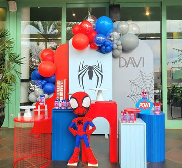 Spider Hero Birthday Decor - 4 Cutouts: Iconic Spider Backdrop, Building Silhouette, and Hero Character