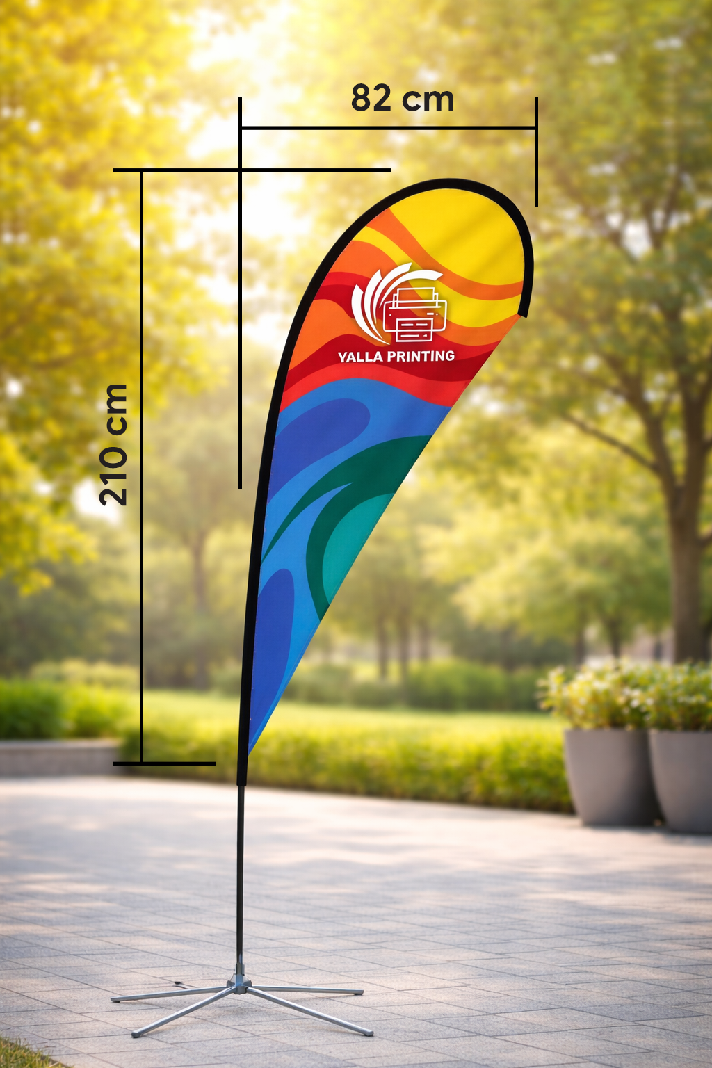 Custom Printed Teardrop Flag with Cross Base – Polyester Advertising Flag | Single Side Print, Reversed Back | Indoor & Outdoor Event, Retail & Exhibition Display | Yalla Printing UAE