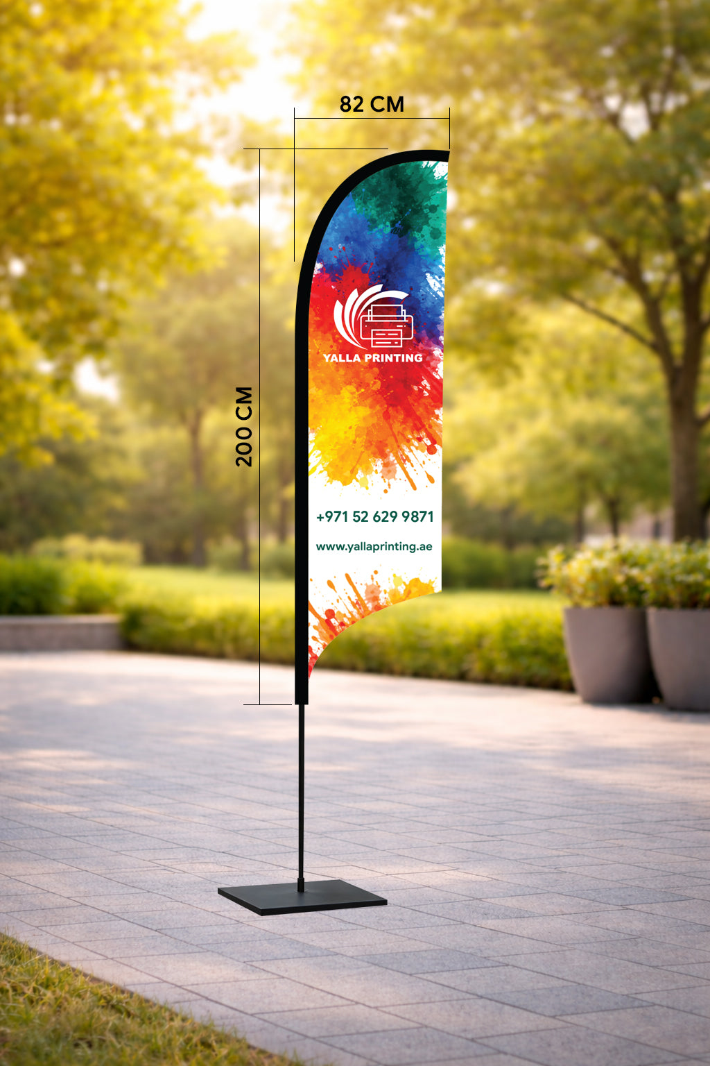 Custom Printed Double Sided Curved Top Flag with Square Metal Base – Premium Satin Fabric Advertising Flag | 2 Printed Fabrics Stitched Together for Double Side View | Indoor & Outdoor Promotional Display | Yalla Printing UAE