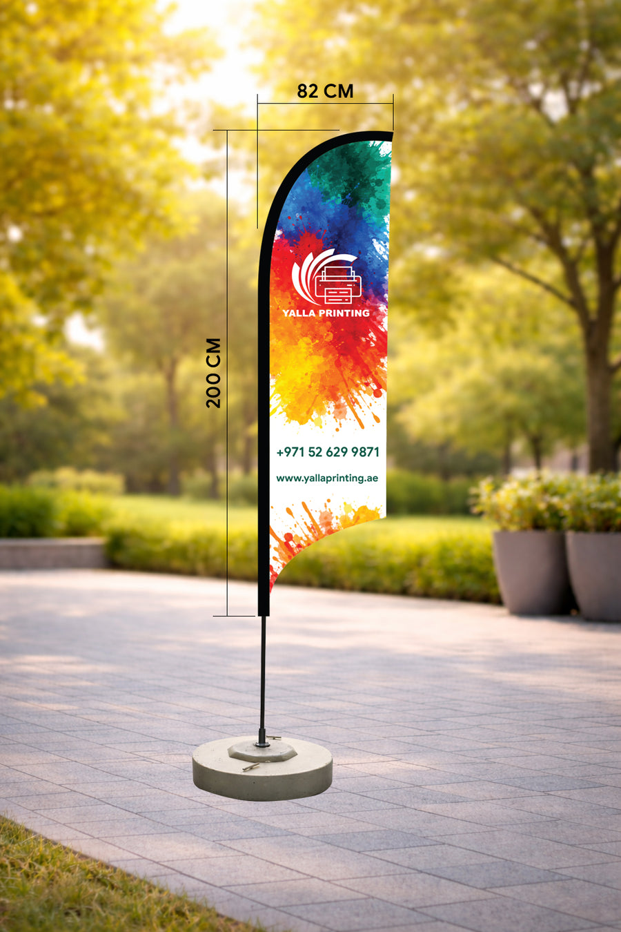 Custom Printed Curved Top Flag with Round Concrete Base (45KG) – Premium Polyester Fabric Advertising Flag | Single Side Printing with Reversed Back | Indoor & Outdoor Promotional Display | Yalla Printing UAE