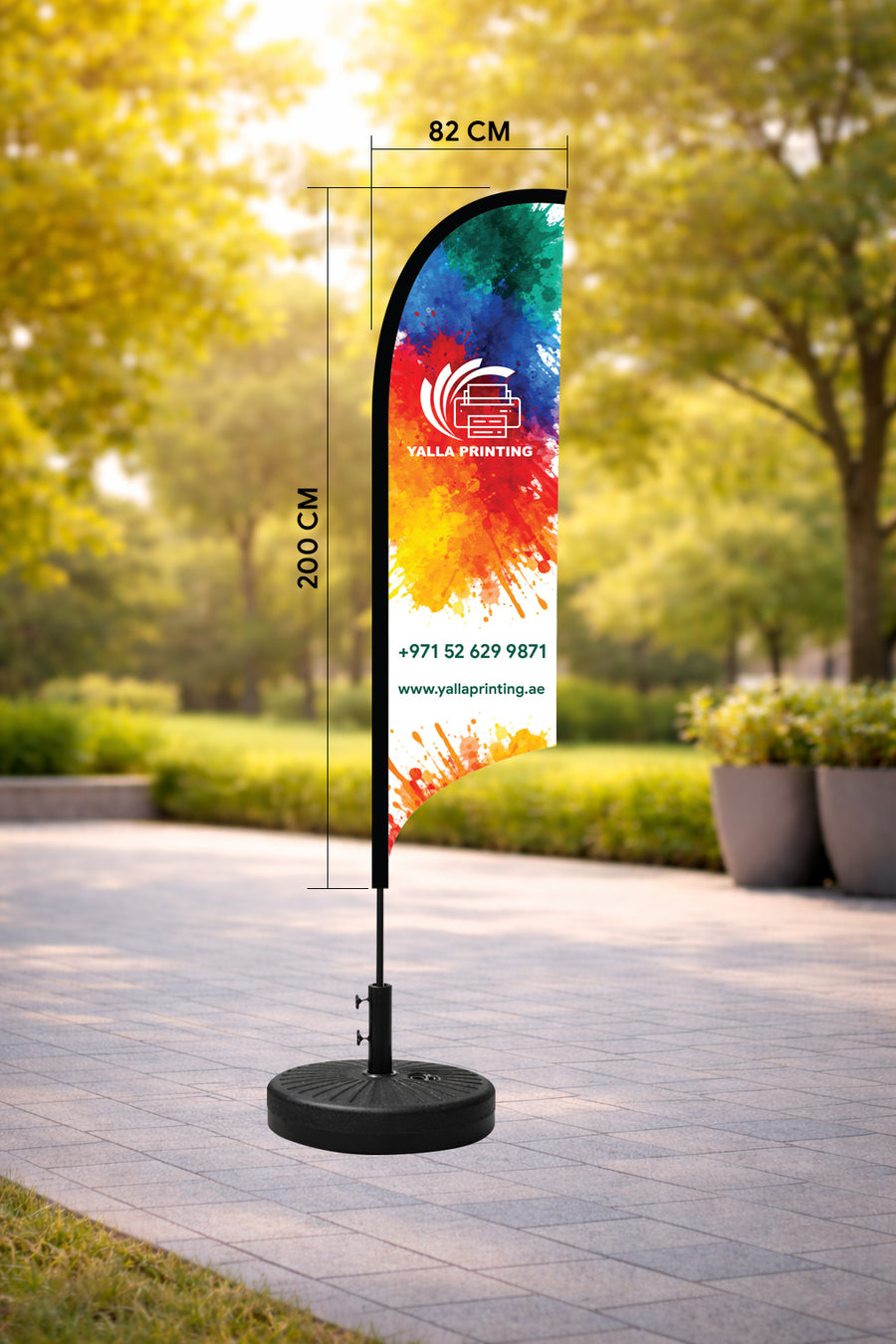Custom Printed Curved Top Flag with Round Black Water Base (32KG) – Premium Polyester Fabric Advertising Flag | Single Side Printing with Reversed Back | Indoor & Outdoor Promotional Display | Yalla Printing UAE