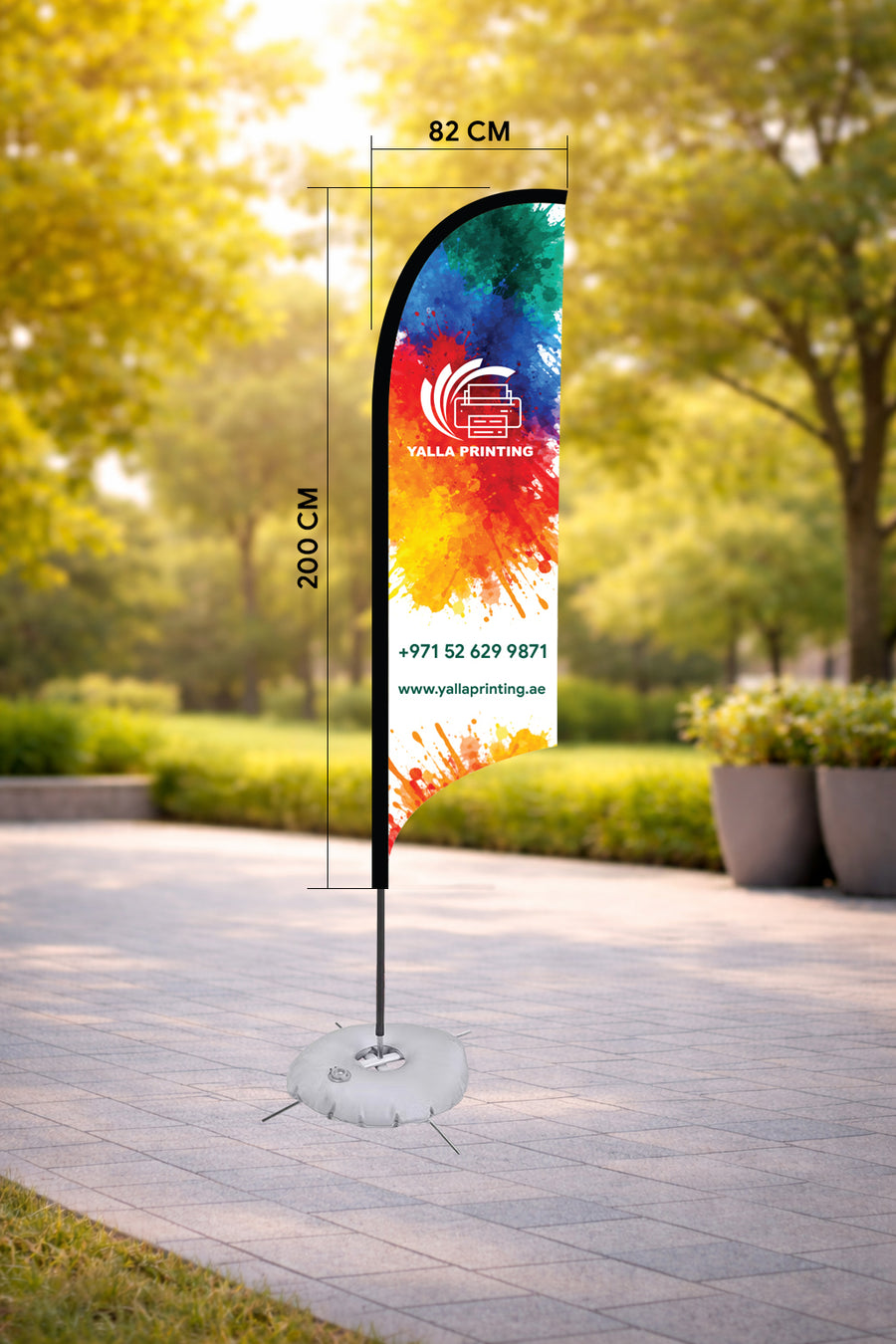 Custom Printed Curved Top Flag with Cross Base & Water Weight Bag – Premium Polyester Fabric Advertising Flag | Single Side Printing with Reversed Back | Indoor & Outdoor Promotional Display | Yalla Printing UAE