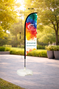 Custom Printed Curved Top Flag with White Square Water Base (20KG) – Premium Polyester Fabric Advertising Flag | Single Side Printing with Reversed Back | Indoor & Outdoor Promotional Display | Yalla Printing UAE