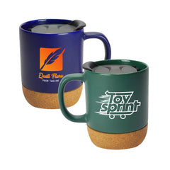 Custom Printed Ceramic Mugs With Lid And Cork Base 385 Ml - Ceramic | Logo Branding Corporate Gift | UAE Delivery | Yalla Printing UAE