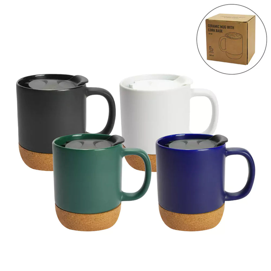 Ceramic Mugs with Lid and Cork Base 385 ml | Custom Packaging Printing | Free Design Support | Yalla Printing UAE