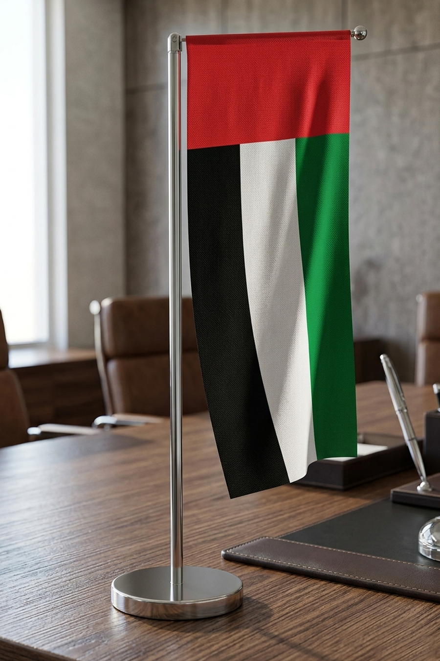 Custom Table Top Flag Stand – Standard Size Satin Fabric Double Side Printing with L Shape Silver Pole | Premium Desk Flags for Offices, Conferences, Reception Counters, Corporate Branding, Events & Institutional Table Displays | Yalla Printing UAE