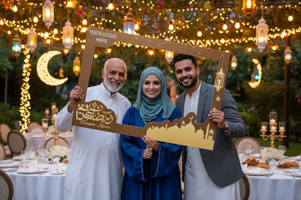 🌙 Ramadan Kareem Luxury Gold Selfie Frame Foam Board | 120 × 80 cm | Custom Logo Photo Booth | Yalla Printing UAE