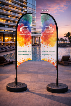 Custom Printed Curved Top Flag with Round Black Water Base (32KG) – Premium Polyester Fabric Advertising Flag | Single Side Printing with Reversed Back | Indoor & Outdoor Promotional Display | Yalla Printing UAE