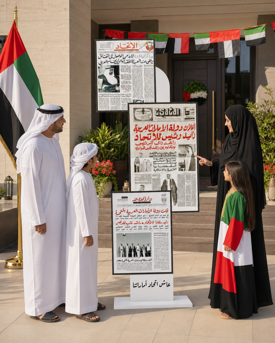 UAE Union Newspaper Archive Backdrop 180x120cm | Historic Headlines Photo Backdrop for Eid Al Etihad – Yalla Printing UAE