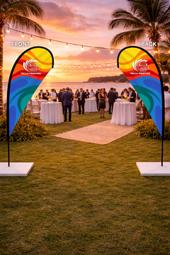 Custom Printed Double Sided Teardrop Flag with Square Concrete Base (30KG) – Premium Satin Fabric Advertising Flag | 2 Printed Fabrics Stitched Together for Double Side View | Indoor & Outdoor Promotional Display | Yalla Printing UAE
