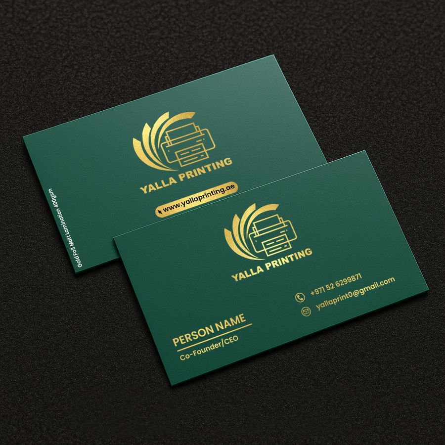 Gold Foil Matt Laminated Business Cards – 400 GSM, Premium Finish, Double-Sided | Free Design Services | Yalla Printing