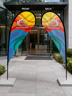 Custom Printed Teardrop Flag with Square Concrete Base (30KG) – Premium Polyester Fabric Advertising Flag | Single Side Printing with Reversed Back | Indoor & Outdoor Promotional Display for Events, Retail & Exhibitions | Yalla Printing UAE
