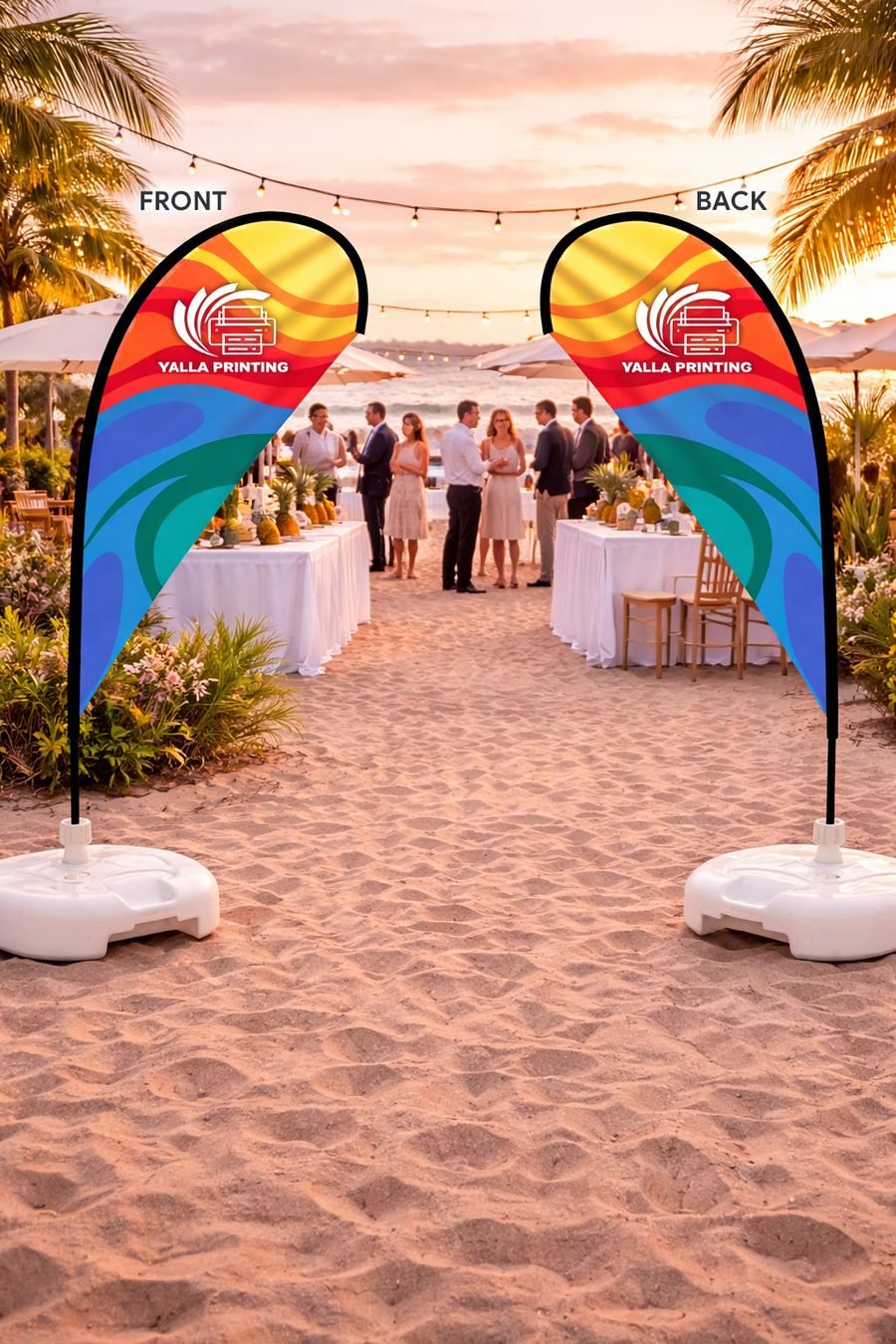 Custom Printed Double Sided Teardrop Flag with White Square Water Base (20KG) – Premium Satin Fabric Advertising Flag | 2 Printed Fabrics Stitched Together for Double Side View | Indoor & Outdoor Promotional Display | Yalla Printing UAE