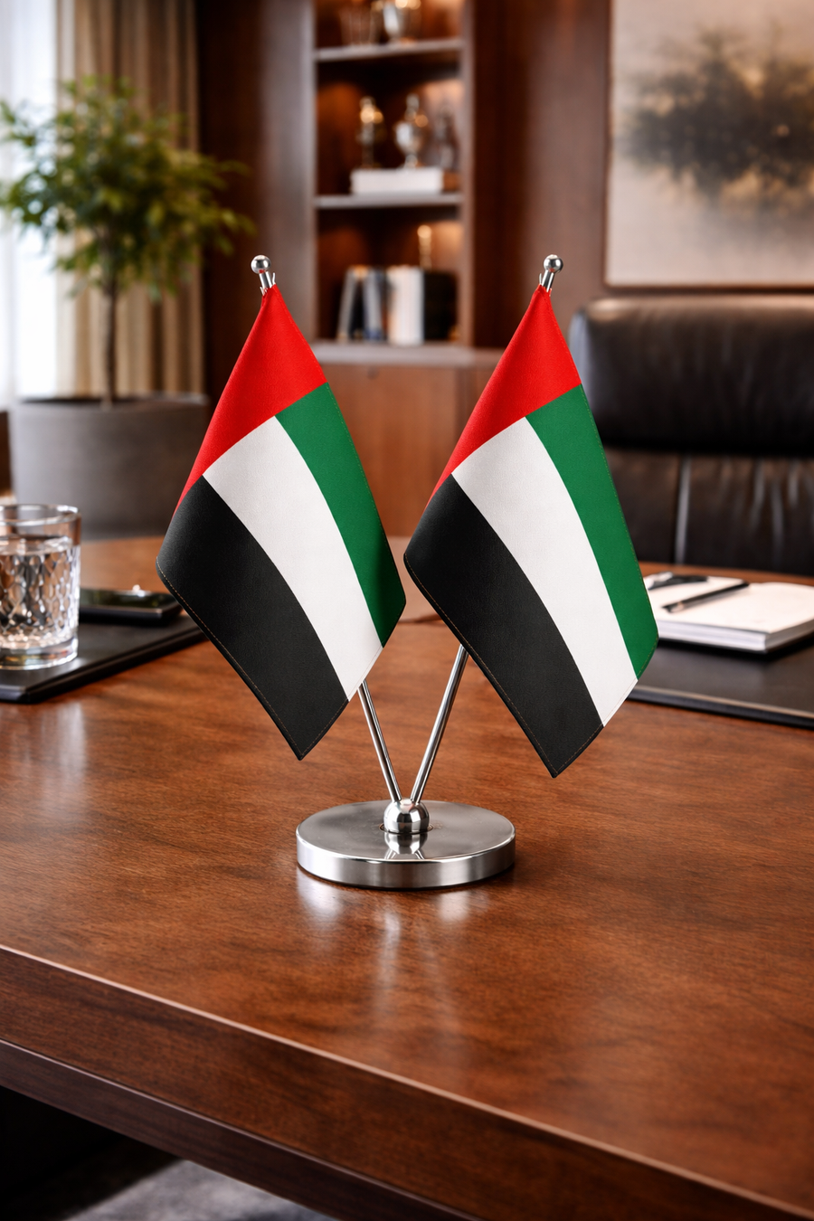 Dual Table Top Flag Stand – Standard Size Satin Double Side Desk Flag with V Shape Silver Pole | Office, Reception, Conference & Event Use | Yalla Printing UAE
