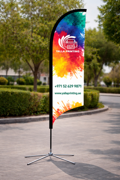 Custom Printed Double Sided Curved Top Flag with Cross Base – Premium Satin Fabric Advertising Flag | 2 Printed Fabrics Stitched Together for Double Side View | Indoor & Outdoor Promotional Display | Yalla Printing UAE