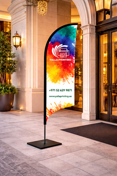 Custom Printed Double Sided Curved Top Flag with Square Metal Base – Premium Satin Fabric Advertising Flag | 2 Printed Fabrics Stitched Together for Double Side View | Indoor & Outdoor Promotional Display | Yalla Printing UAE