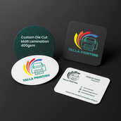 بطاقات أعمال مخصصة مقطوعة بالقالب ومغلفة بطبقة غير لامعة ومقاومة للأشعة فوق البنفسجية – 400 جرام لكل متر مربع، لمسة نهائية ممتازة بأشكال فريدة | خدمات تصميم مجانية | Yalla Printing