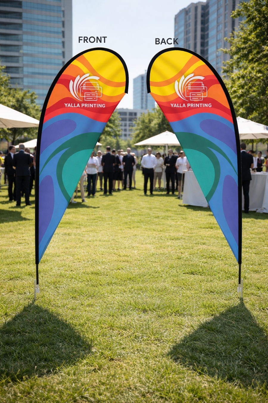 Custom Printed Double Sided Teardrop Flag with Ground Spike – Premium Satin Fabric Advertising Flag | 2 Printed Fabrics Stitched Together for Double Side View | Outdoor Promotional Display for Events, Retail & Branding | Yalla Printing UAE