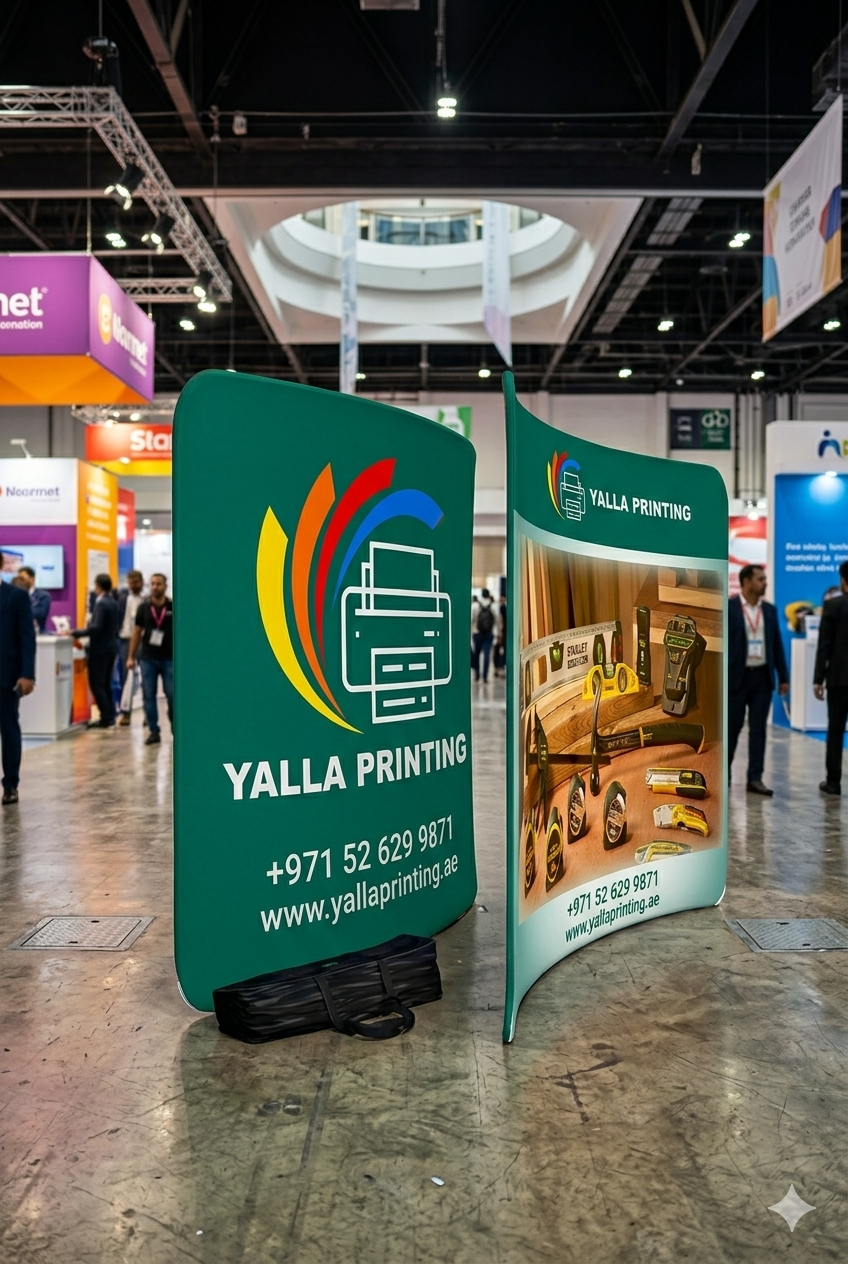 Custom Printed Curved Tension Fabric Stand 300 x 230 cm – Fabric Display Backdrop with Stitching and Curved Frame | Professional Business Printing | Free Design Support | Yalla Printing UAE