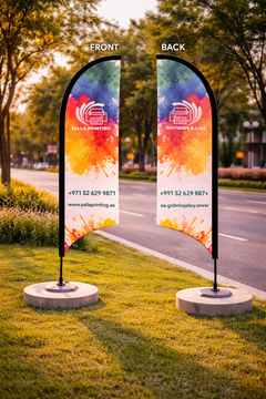 Custom Printed Curved Top Flag with Round Concrete Base (45KG) – Premium Polyester Fabric Advertising Flag | Single Side Printing with Reversed Back | Indoor & Outdoor Promotional Display | Yalla Printing UAE