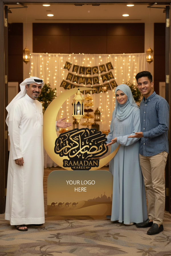 🌙 Ramadan Kareem Crescent Moon Standee with Custom Logo | Luxury Foam Board Ramadan Display | Yalla Printing UAE