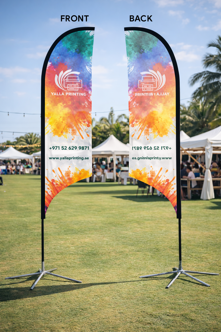 Custom Printed Curved Top Flag with Cross Base – Premium Polyester Fabric Advertising Flag | Single Side Printing with Reversed Back | Indoor & Outdoor Promotional Display for Events, Retail & Exhibitions | Yalla Printing UAE