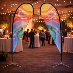 Custom Printed Teardrop Flag with Cross Base – Polyester Advertising Flag | Single Side Print, Reversed Back | Indoor & Outdoor Event, Retail & Exhibition Display | Yalla Printing UAE